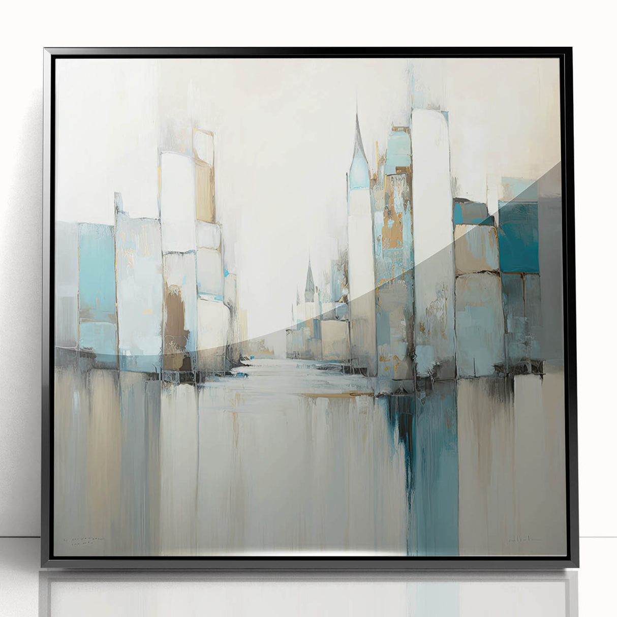 Framed abstract wall art depicting modern architectural shapes in a black acrylic finish, adding a contemporary touch to any interior decor.