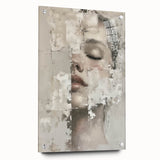 Abstract figurative wall art displayed from a side view, featuring vibrant colors and dynamic shapes on acrylic glass, secured with stylish pins.