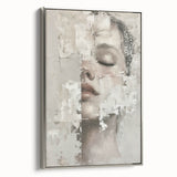 Abstract figurative wall art featuring a silver-framed canvas with dynamic shapes and muted colors, perfect for modern home decor. Ideal for enhancing contemporary interiors.