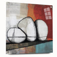 Abstract geometric acrylic glass artwork showcasing vibrant colors and intricate patterns, displayed side view with pins for mounting. Ideal for modern home decor.