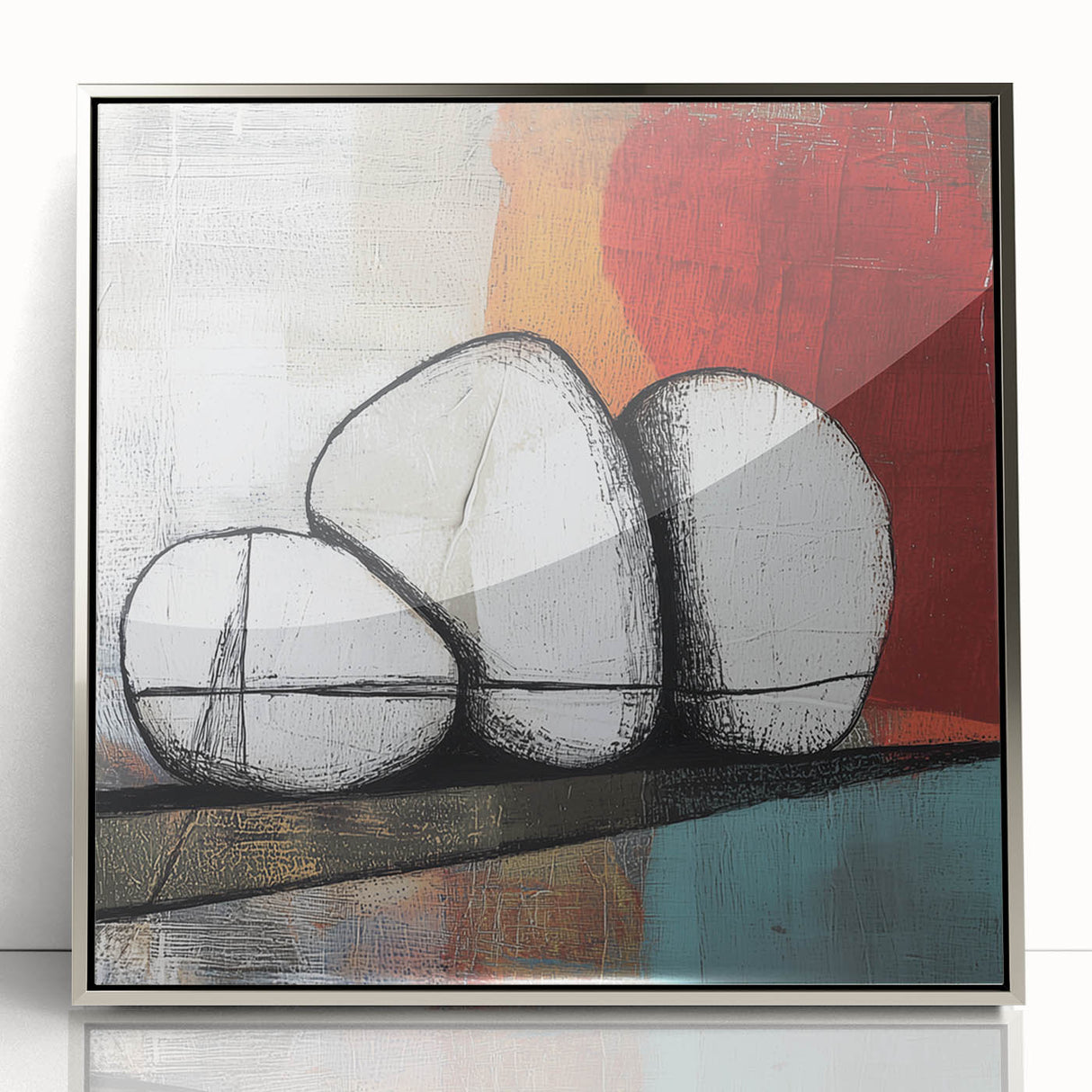 Framed geometric abstract acrylic wall art in silver tones, showcasing sharp lines and modern design, perfect for contemporary home decor.