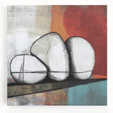 Abstract geometric stretched canvas artwork showcasing vibrant blue and orange shapes, perfect for modern home decor. Ideal for adding a contemporary touch to living spaces.