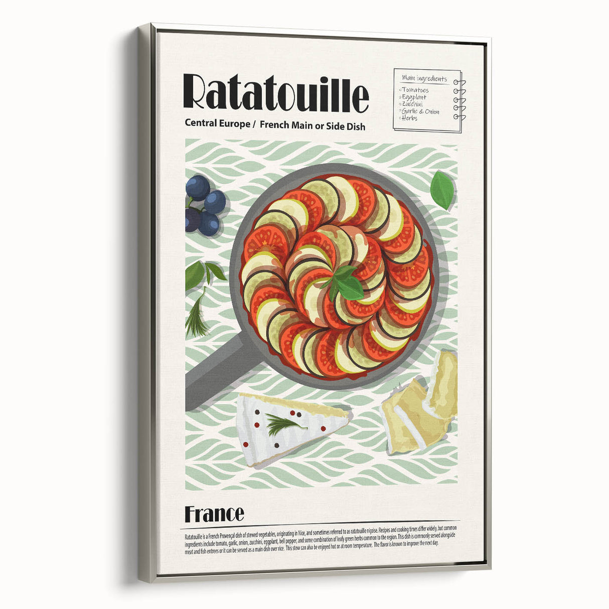 Framed canvas landscape art painting of colorful vintage food dishes on a black background, ideal for dining room decor.