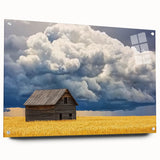 Elegant landscape barn design displayed in a glass frame, showcasing vibrant colors and intricate details, enhanced by metal pins for stylish mounting. Perfect for rustic home decor enthusiasts.