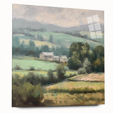 Landscape wall art depicting a serene countryside scene, framed in acrylic glass, showcasing vibrant greens and soft blues, perfect for home decor.