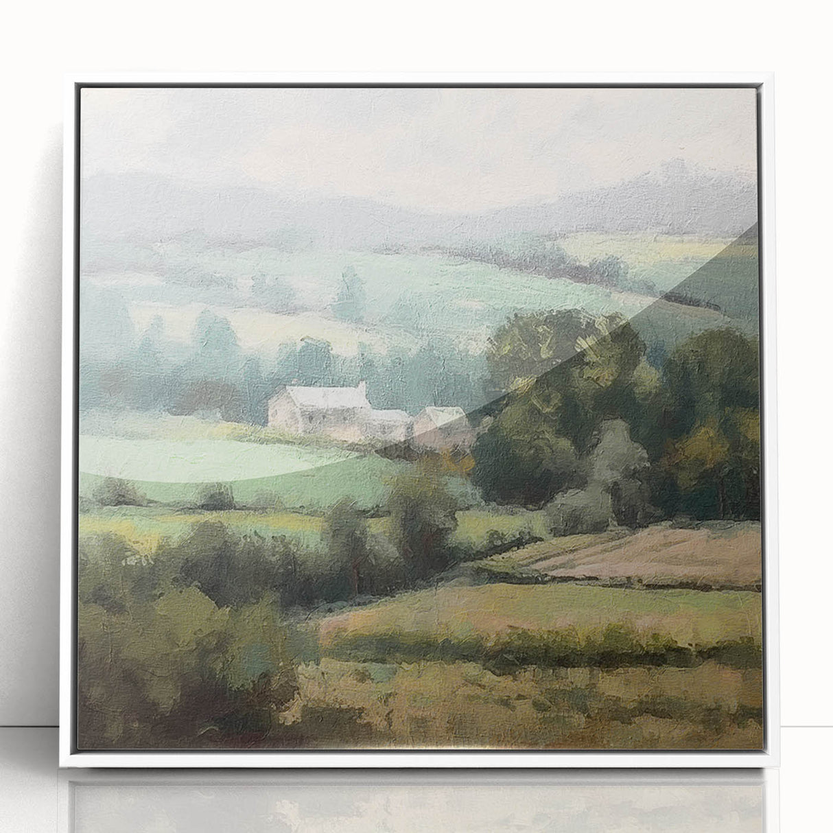 Framed acrylic wall art depicting a serene countryside landscape, featuring lush green fields and a clear blue sky, ideal for enhancing home decor.