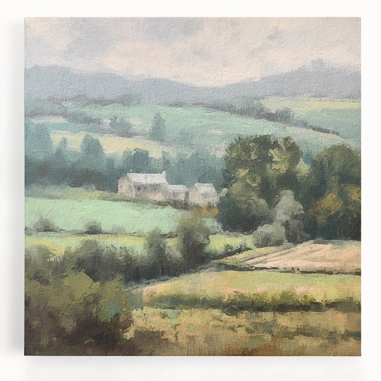 Stretched canvas artwork depicting a vibrant countryside landscape with rolling hills, lush greenery, and a serene sky, perfect for home decor and nature enthusiasts.
