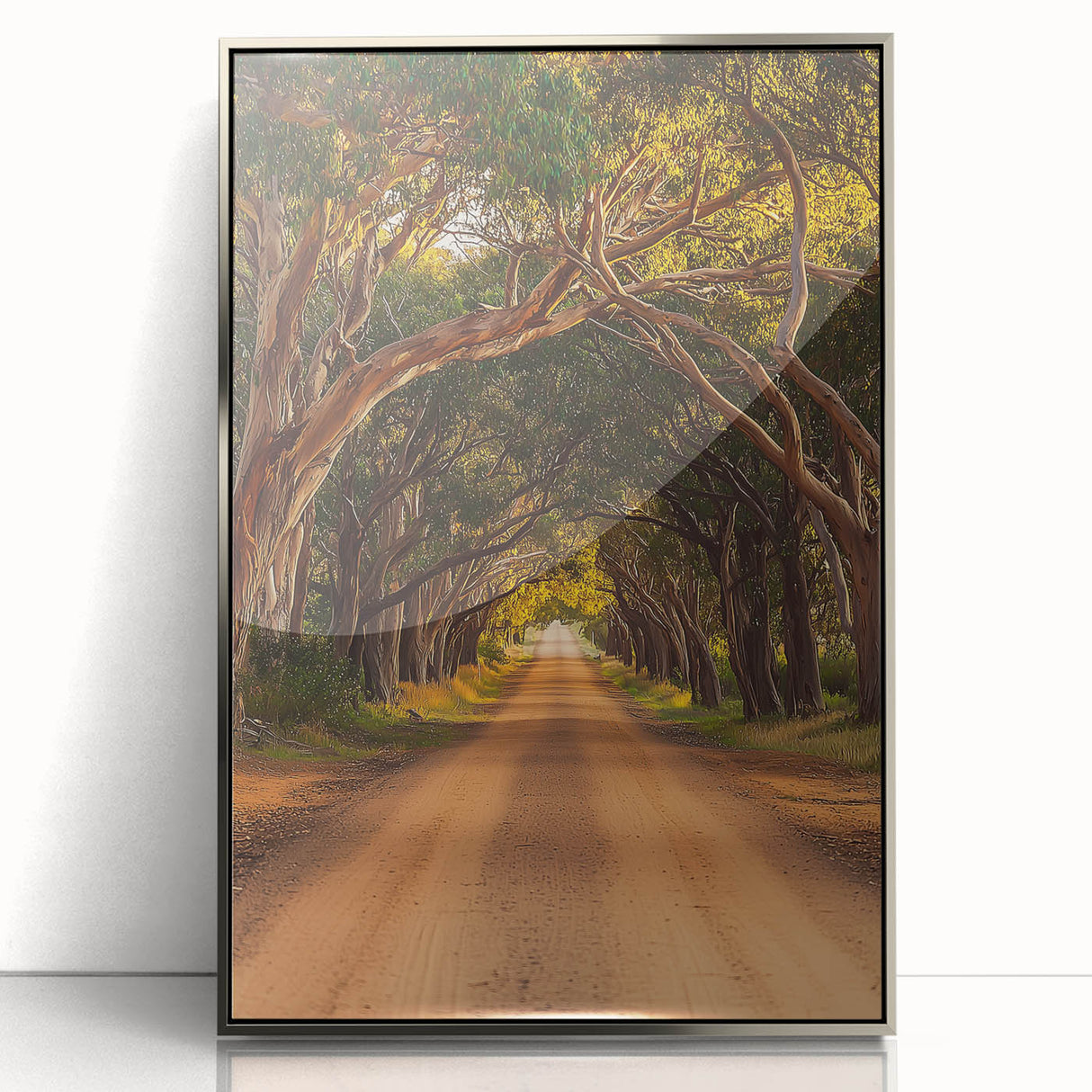 Framed acrylic artwork showcasing a serene countryside landscape with lush green fields and a blue sky, featuring silver accents in the frame, perfect for home decor.