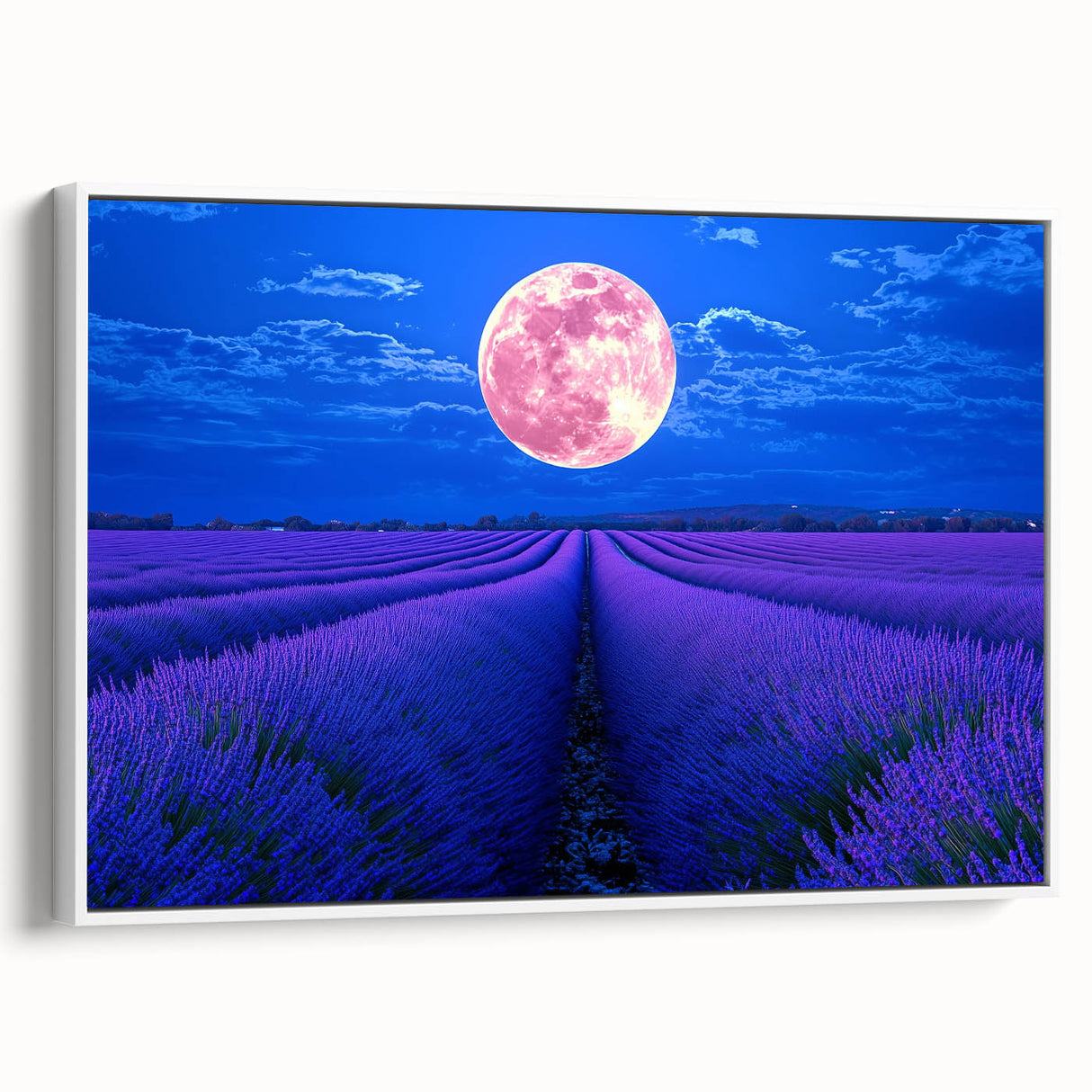 Framed canvas artwork showcasing a serene landscape with vibrant green fields and a clear blue sky, presented in a sleek white frame for modern decor. Ideal for enhancing living spaces or offices with a touch of nature.