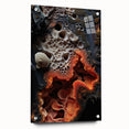 Large abstract wall art on acrylic glass depicting close-up natural elements in muted earth tones.
