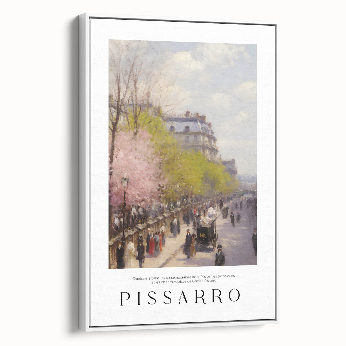 Vintage poster art of Camille Pissarro's painting on framed canvas, featuring colorful art in a black frame.