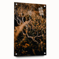 Large abstract wall art on acrylic glass depicting fall colors, ideal for bedroom or dining room decor.