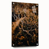 Large abstract wall art on acrylic glass depicting fall colors, ideal for bedroom or dining room decor.