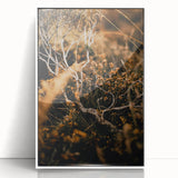 Art deco poster depicting fall season in muted orange and brown tones, framed acrylic, ideal for nursery wall decor.