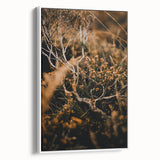 Vintage poster art of an autumn landscape on extra large framed canvas, featuring black and colorful art.