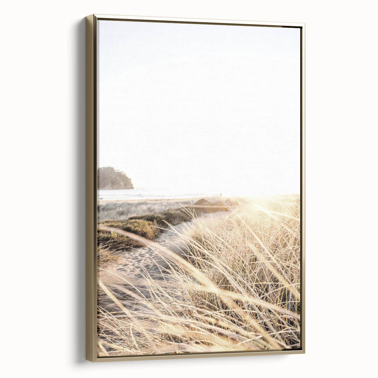 Framed canvas depicting a summer landscape with golden hues, ideal for bedroom wall art.