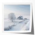 Winter scene with snow-covered trees in soft gray and white tones on a large canvas.