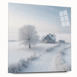 Large abstract wall art depicting a winter scene in muted blue and white tones on acrylic glass, ideal for dining room decor.
