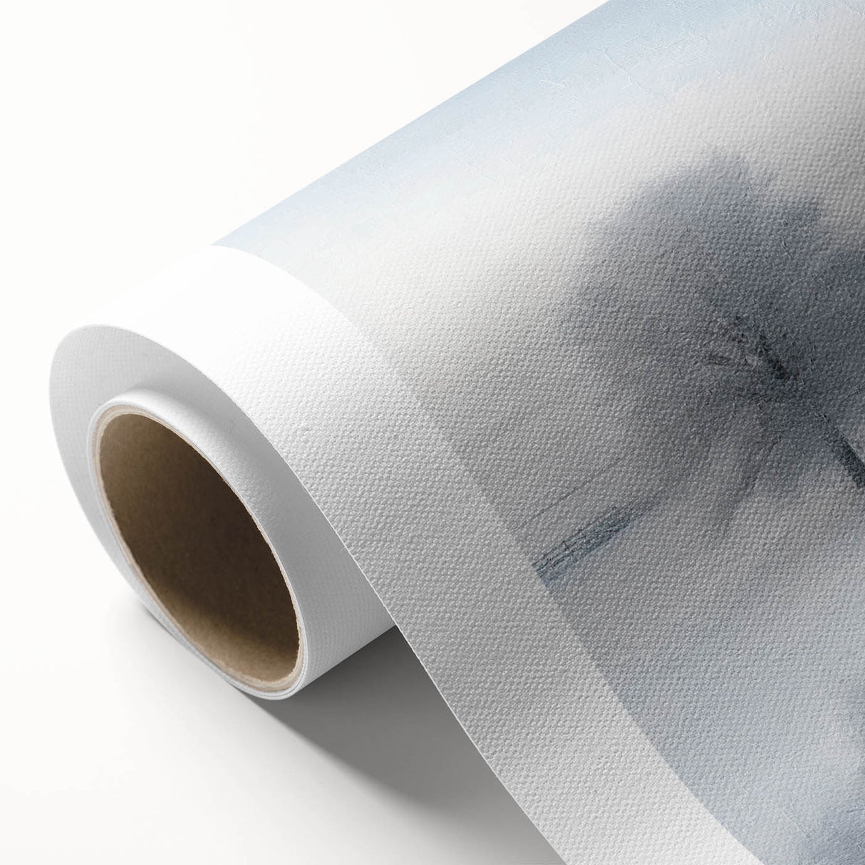 Winter scene with soft blue and white hues on rolled canvas, suitable as nursery wall art.