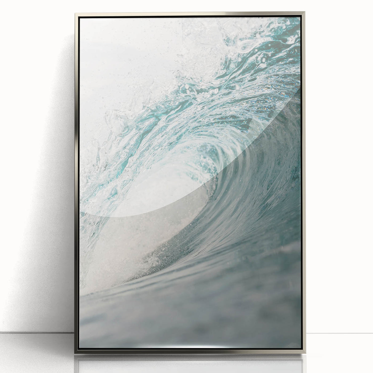 Mid-century modernist art deco poster featuring geometric shapes in muted pastel colors on a silver-framed acrylic print.