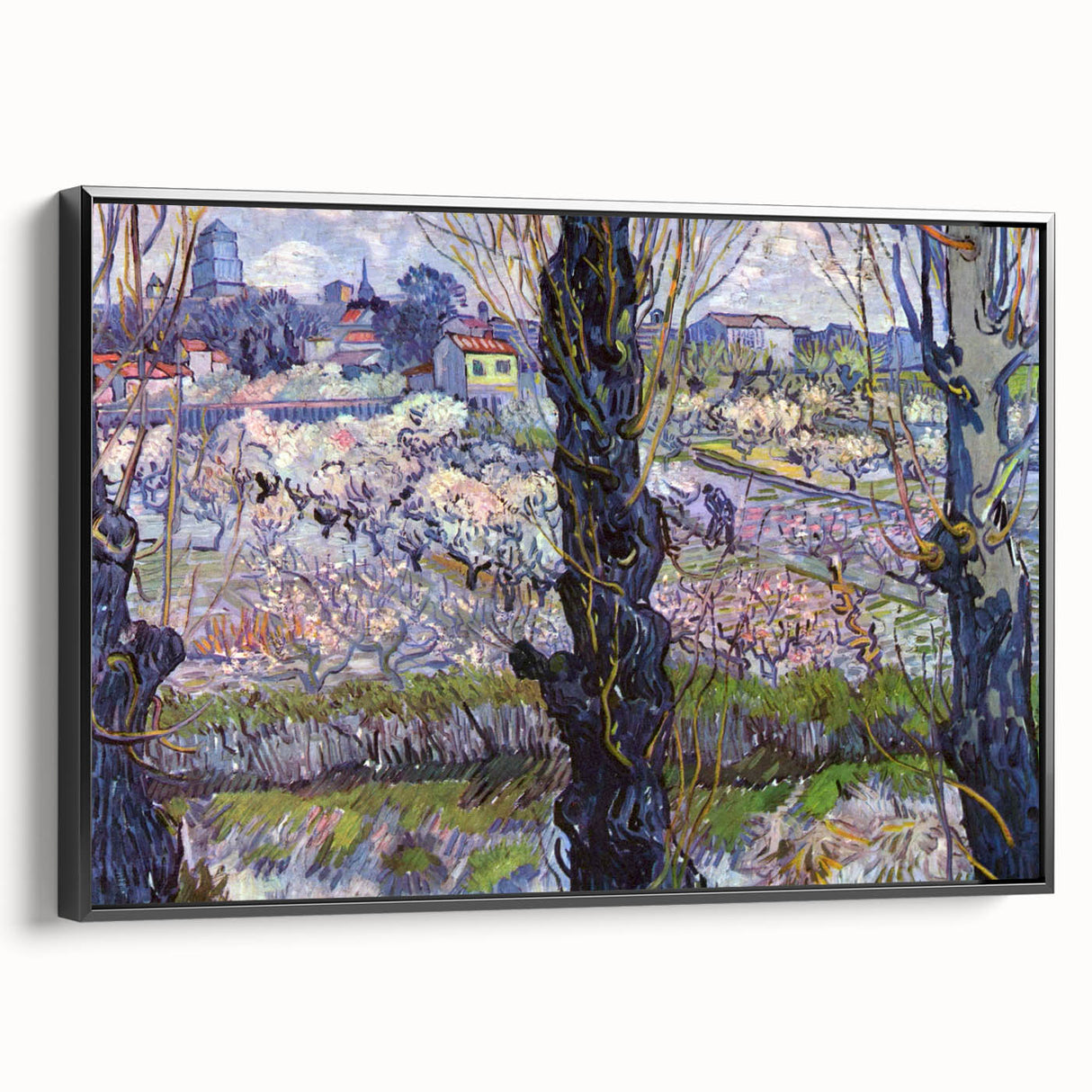 Black and white vintage poster art of a landscape on a framed canvas, ideal for bedroom wall decor.