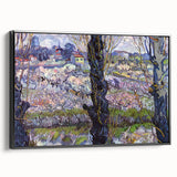 Black and white vintage poster art of a landscape on a framed canvas, ideal for bedroom wall decor.