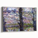 Landscape art painting of a vibrant starry night sky over a quaint village, printed on a silver-framed canvas.