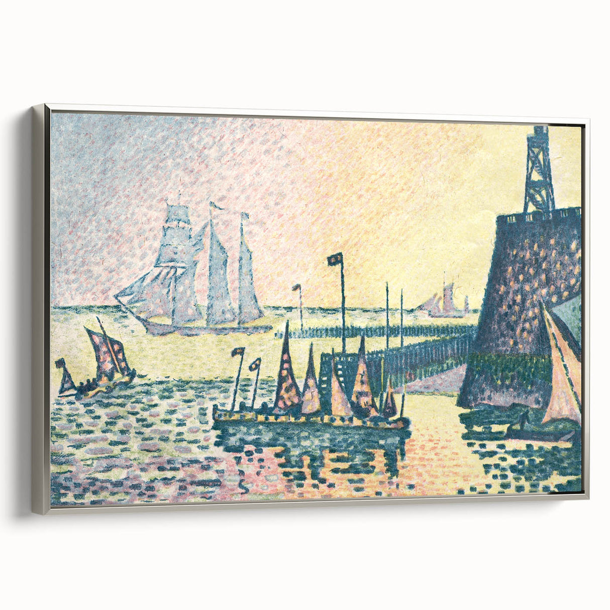 Modern Wall Art: Evening Harbor with Pointillist Sunset Glow