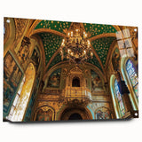 Acrylic glass artwork showcasing a side view of a vibrant landscape with a castle, highlighted by colorful pins, perfect for modern home decor and art enthusiasts.