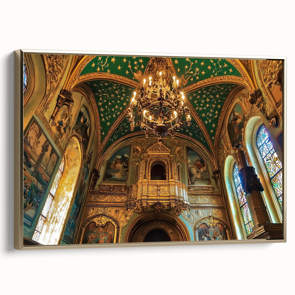 Framed canvas artwork depicting a stunning landscape with a castle, featuring gold accents and a side view perspective, ideal for home decor.