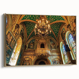 Framed canvas artwork depicting a stunning landscape with a castle, featuring gold accents and a side view perspective, ideal for home decor.