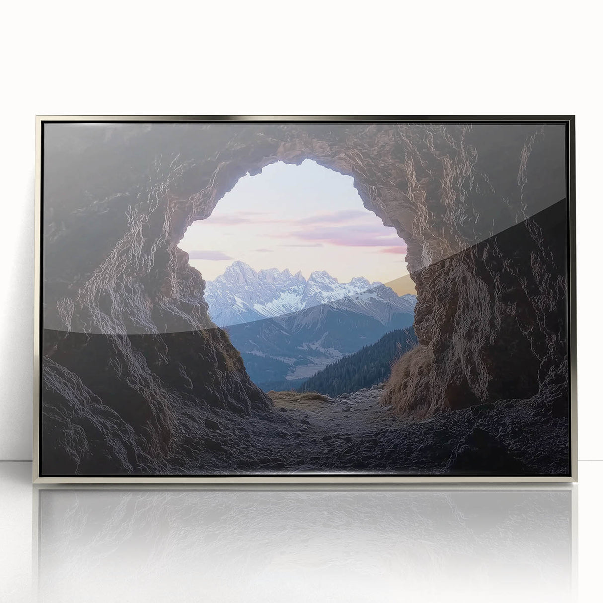 Framed acrylic artwork depicting a serene landscape with caves, featuring vibrant colors and intricate details, perfect for modern home decor or art enthusiasts.