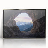 Framed acrylic artwork depicting a serene landscape with caves, featuring vibrant colors and intricate details, perfect for modern home decor or art enthusiasts.