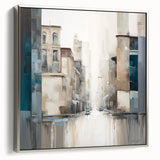 Abstract architecture wall art in a sleek silver frame, showcasing geometric shapes and patterns with a modern aesthetic, perfect for contemporary decor.
