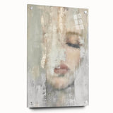 Abstract figurative wall art displayed in a side view, showcasing vibrant colors and intricate designs, set against a minimalist background with visible pins for mounting.