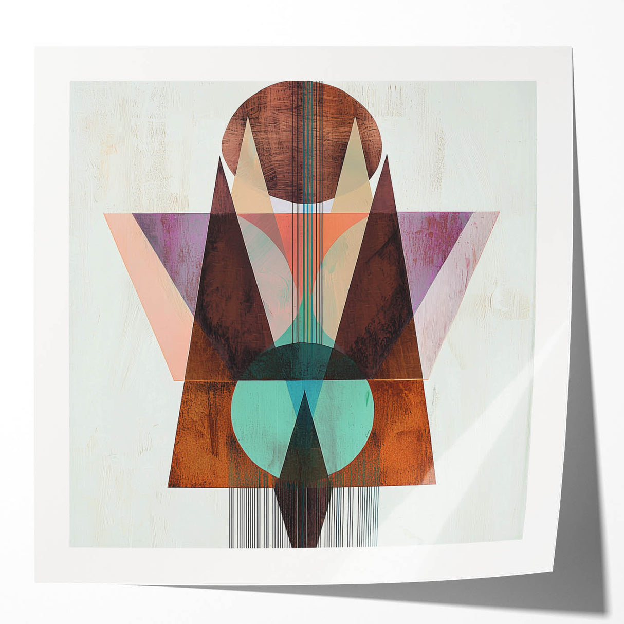 Glossy abstract geometric art print mockup featuring vibrant shapes in blue, yellow, and red. Ideal for showcasing modern decor in a stylish setting.