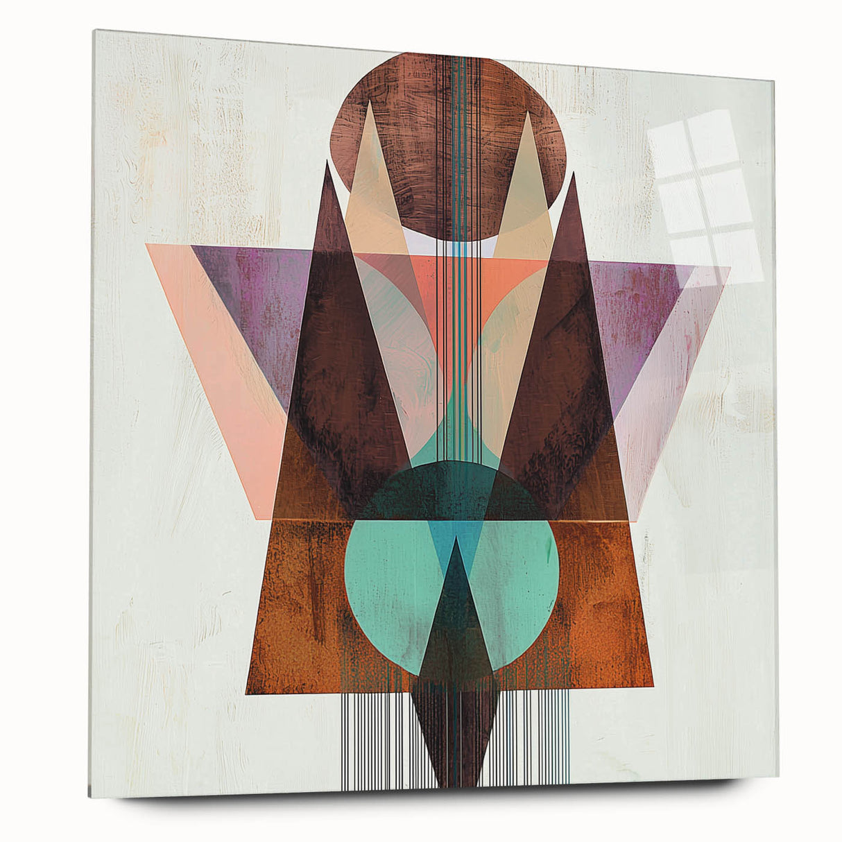 Abstract geometric acrylic glass art piece showcasing vibrant colors and dynamic shapes, viewed from the side, perfect for modern decor in homes or offices.