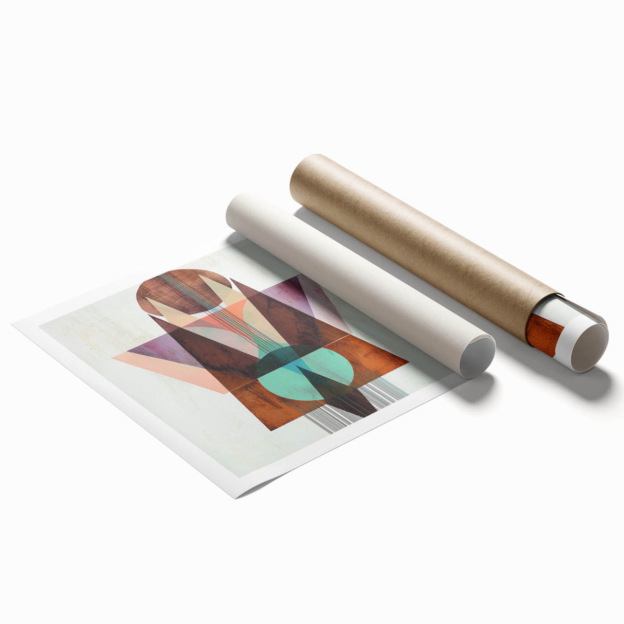Abstract geometric rolled print showcasing vibrant blue, orange, and yellow shapes, elegantly packaged in a protective cardboard tube for easy display.