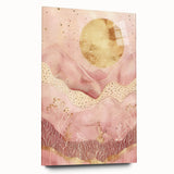 Abstract landscape wall art displayed in acrylic glass, showcasing vibrant colors and fluid shapes; perfect for modern home decor.