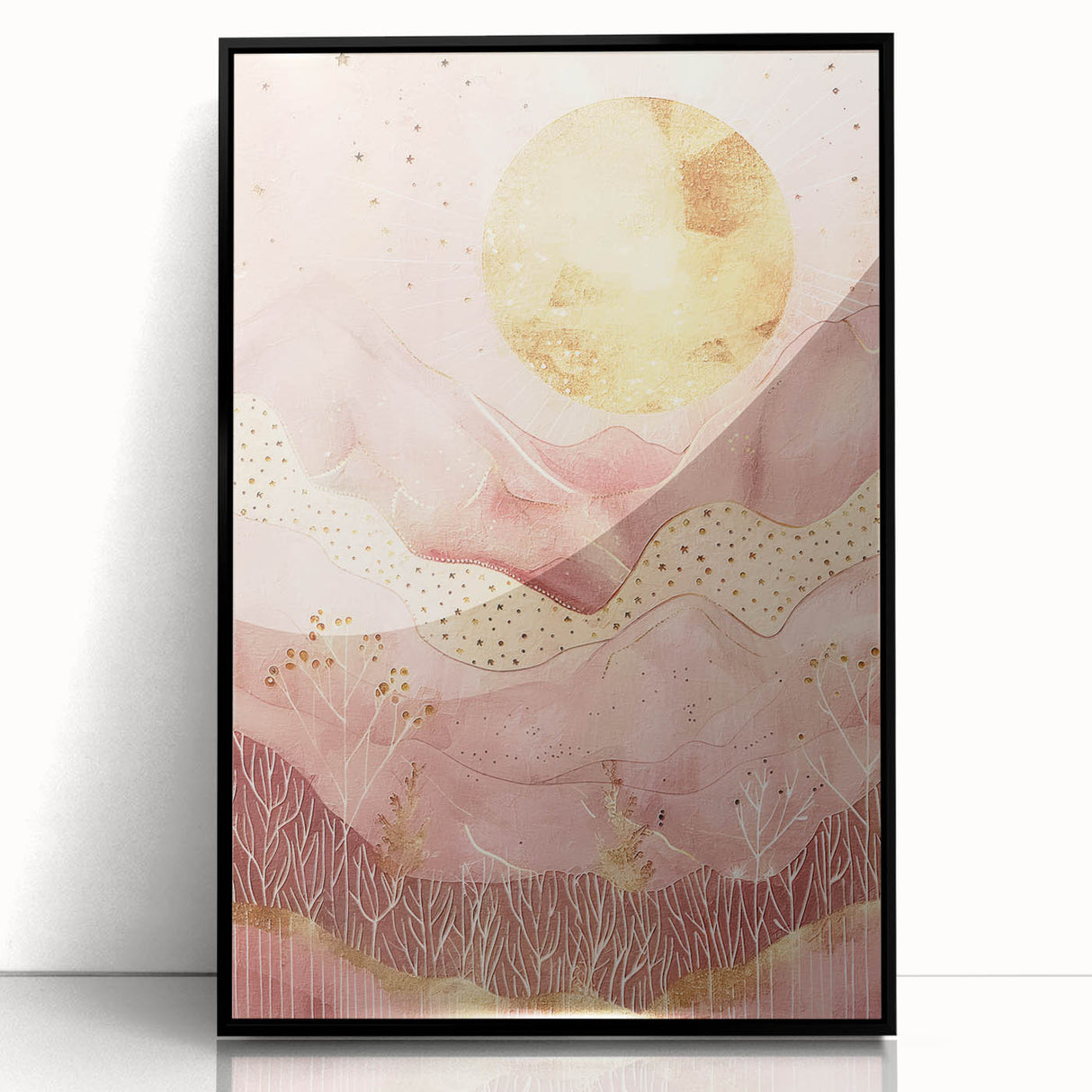 Framed abstract landscape wall art featuring vibrant colors and dynamic shapes, set within a sleek black frame, perfect for modern home decor.