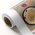 Art Deco poster featuring an array of colorful food dishes on rolled canvas.