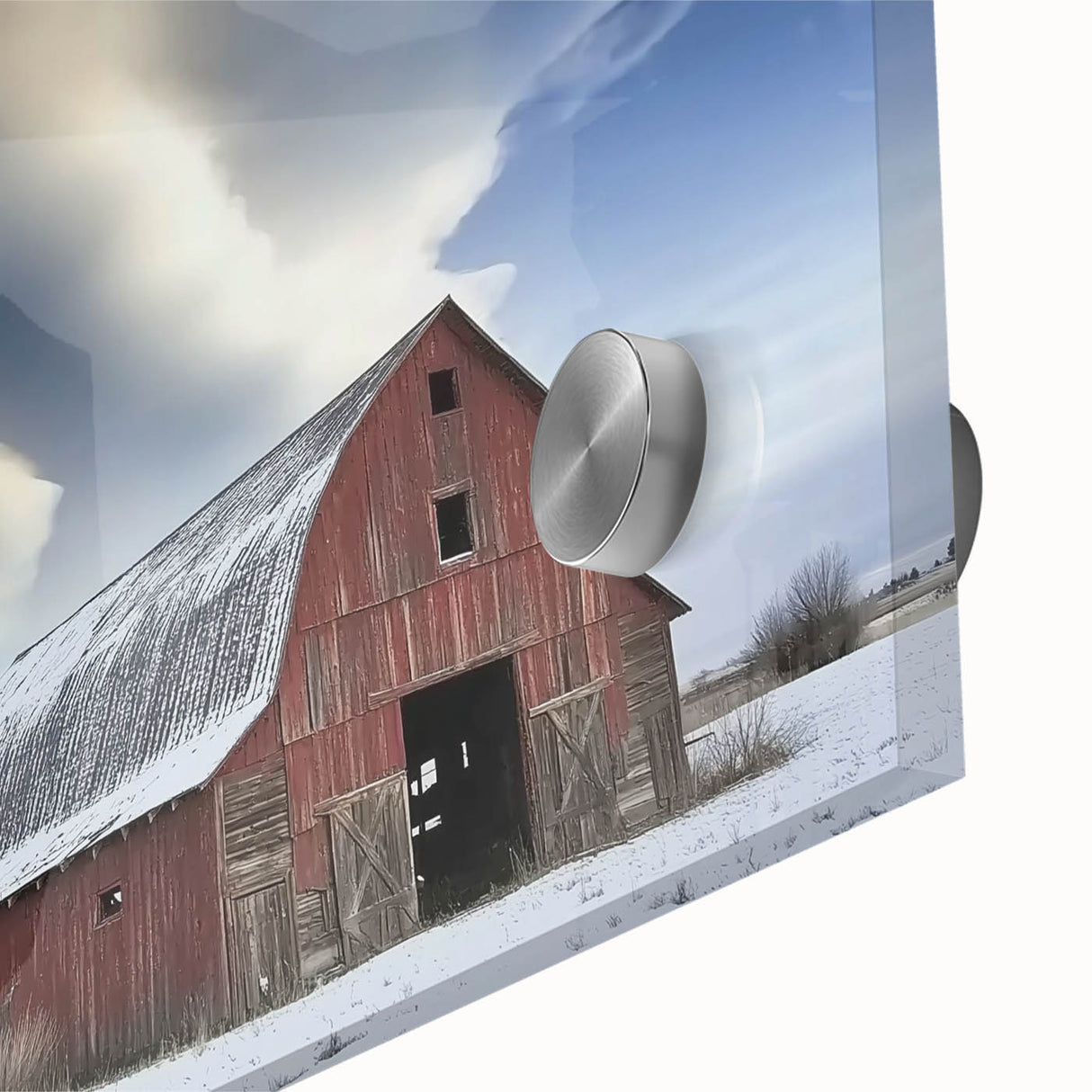 Close-up of a vibrant acrylic glass artwork depicting a rustic barn in a serene landscape, highlighting rich colors and intricate details for home decor enthusiasts.