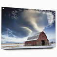 Acrylic glass artwork showcasing a vibrant landscape of a classic barn set against a picturesque backdrop, featuring detailed textures and color contrasts, displayed from a side view with visible mounting pins.