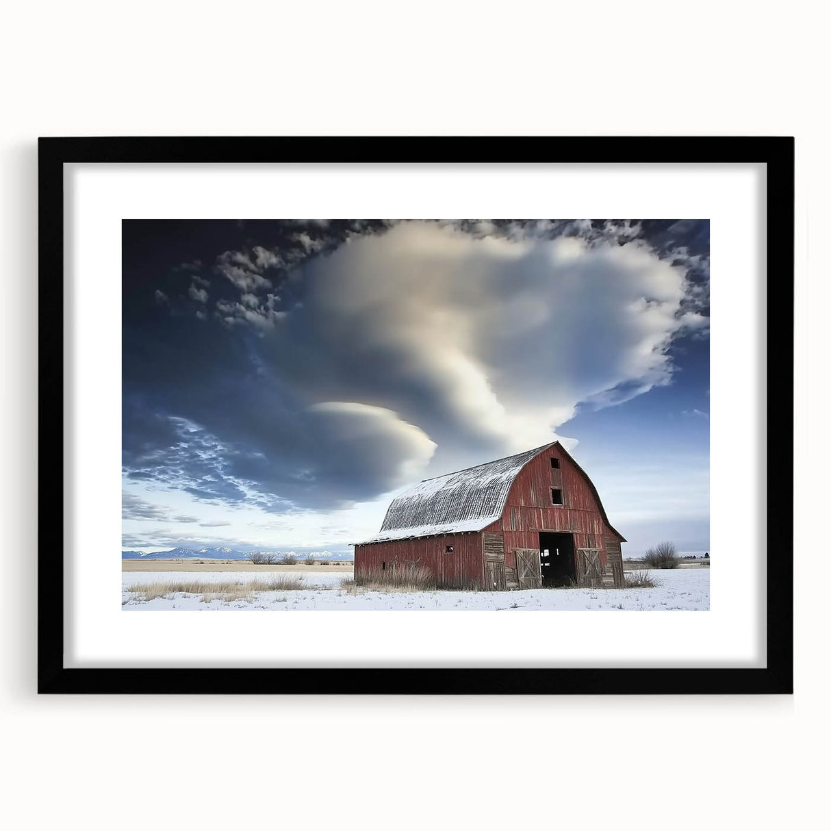 Barn frame in matte black finish, showcasing a landscape artwork with an elegant design, ideal for modern home decor. The frame adds a sophisticated touch to any setting.