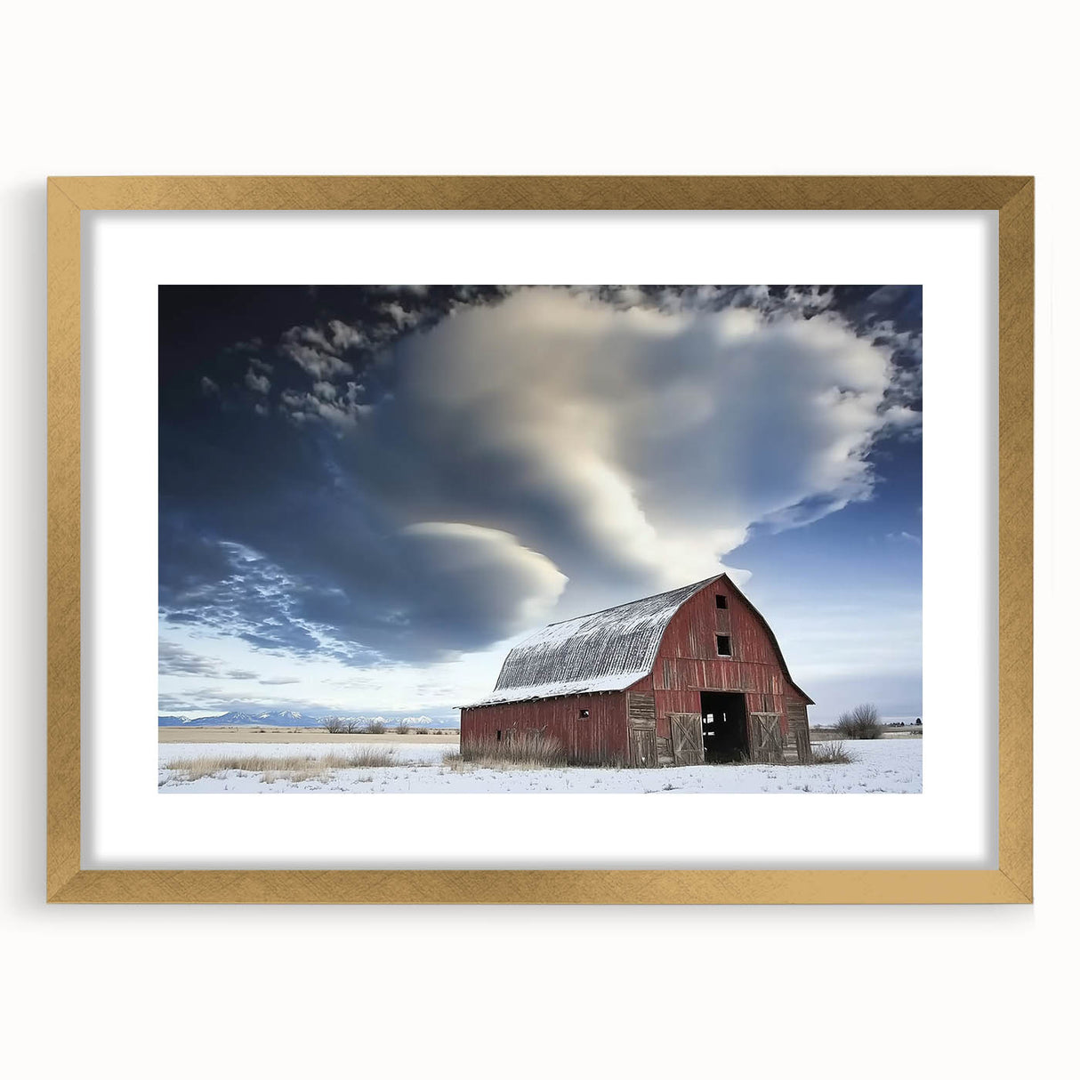 Elegant landscape barn frame artwork with a gold mat, showcasing a stunning front view that enhances home decor aesthetics. Ideal for rustic interior themes.