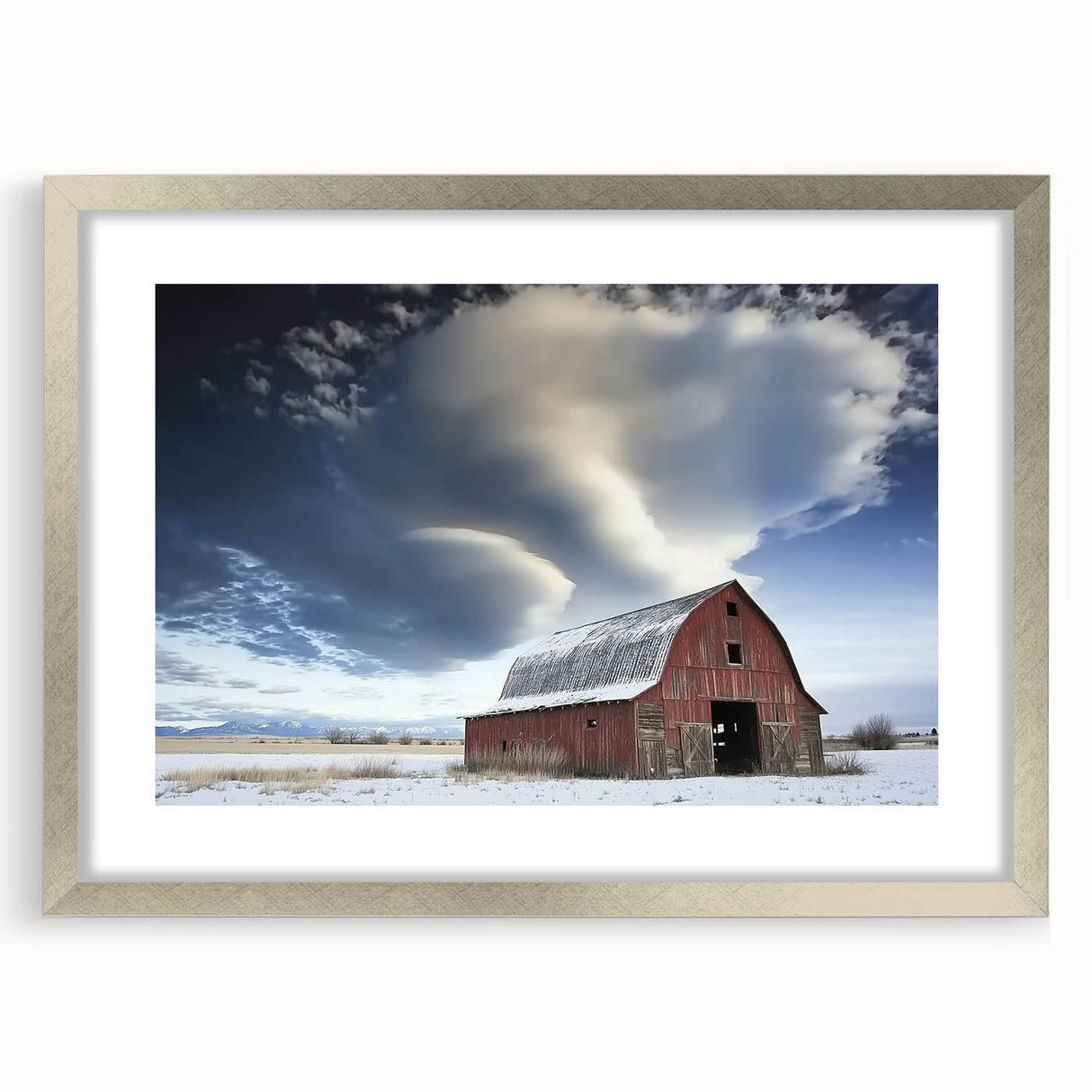 Silver-framed landscape barn artwork with a mat, showcasing rustic charm and elegant design. Ideal for home decor, it enhances any living space or office.