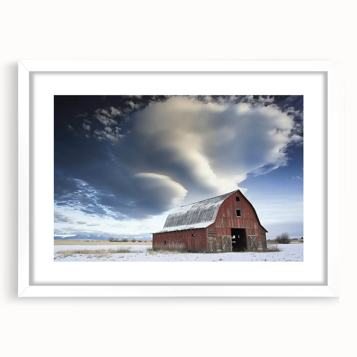 Barn frame landscape art print featuring a white mat, showcasing a rustic design with natural colors, ideal for home decor in country-style settings.