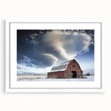Barn frame landscape art print featuring a white mat, showcasing a rustic design with natural colors, ideal for home decor in country-style settings.