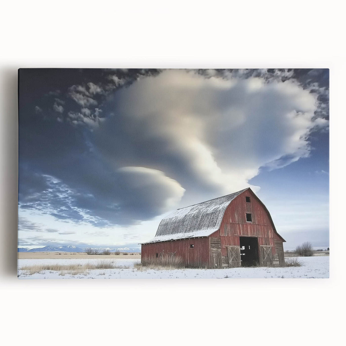 Landscape canvas print showcasing a vibrant barn scene, featuring rich colors and detailed textures, ideal for rustic home decor and art enthusiasts.