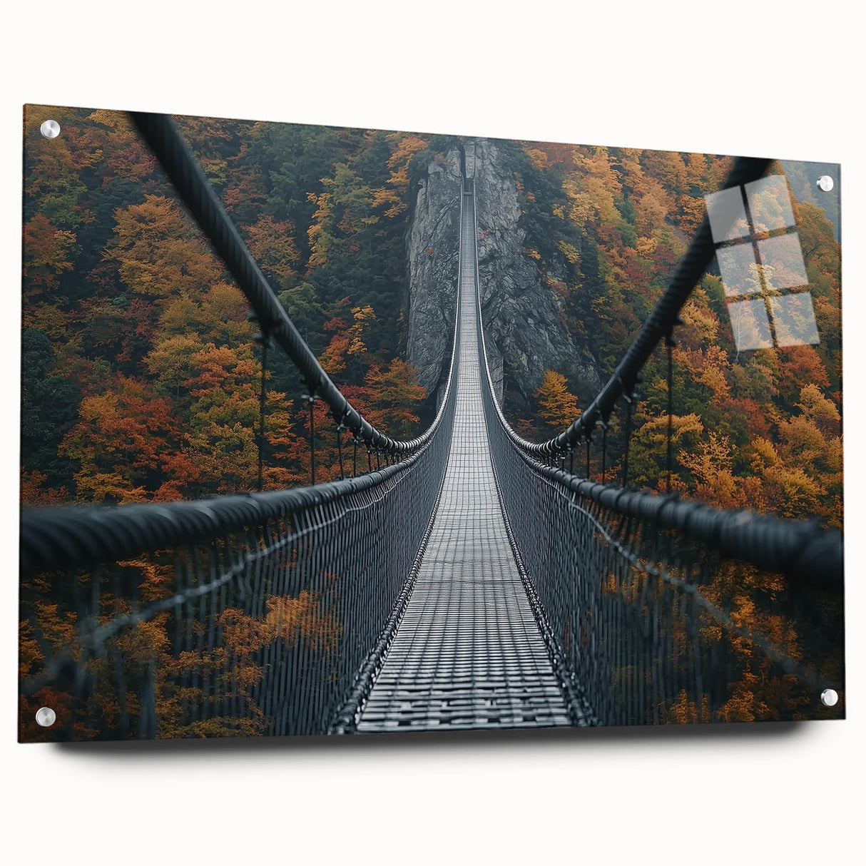 Side view of a landscape bridge design crafted from acrylic glass, showcasing intricate details and vibrant colors, secured with pins for stability.